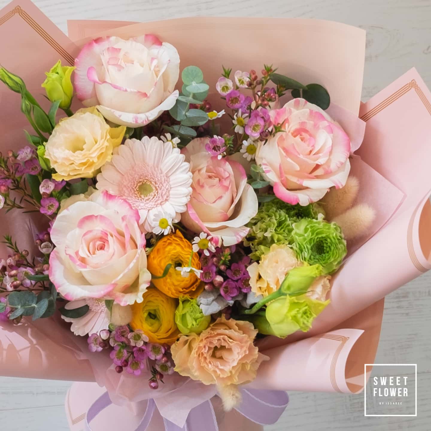 ช่อ พาสเทล หวาน ดอกไม้หลัก กุหลาบ พีโอนี่ เดซี่/มาร์กาเร็ต — ผลงานร้านดอกไม้ Sweetflower by Issaree