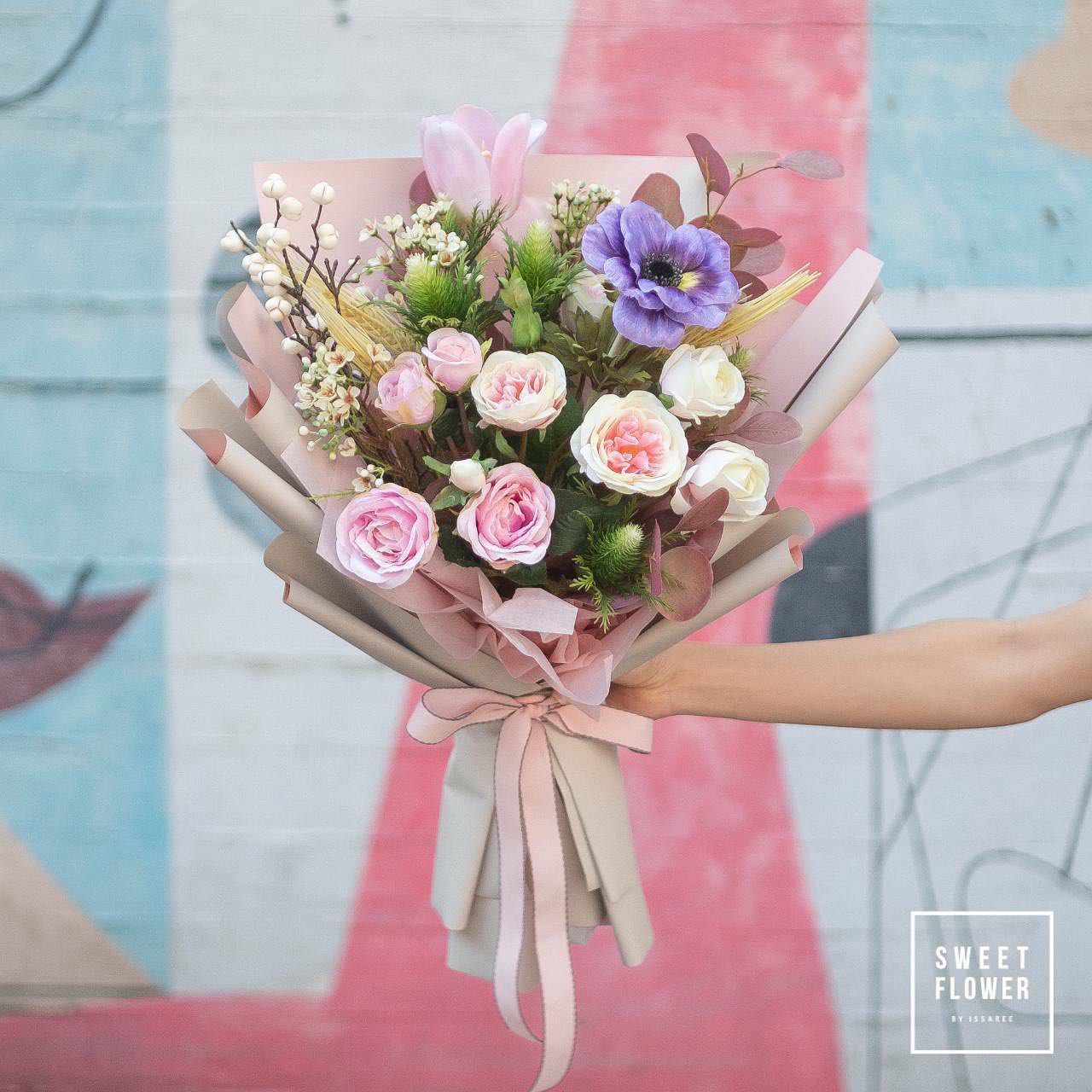 ช่อ พาสเทล หวาน ดอกไม้หลัก กุหลาบ พีโอนี่ เบบี้บรีธ/ยิปโซ — ผลงานร้านดอกไม้ Sweetflower by Issaree