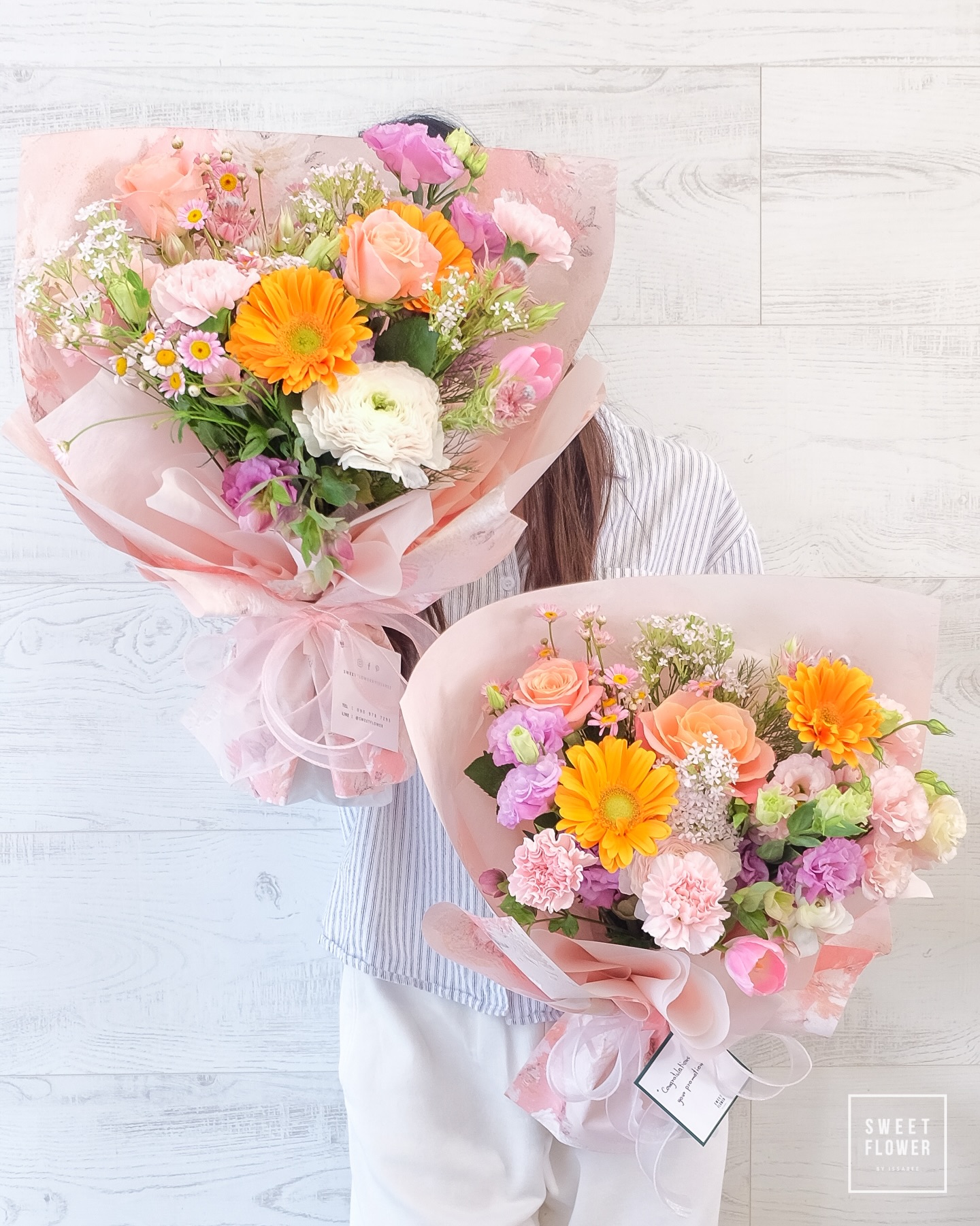 ช่อ พาสเทล หวาน ดอกไม้หลัก กุหลาบ เยอบีร่า คาร์เนชั่น — ผลงานร้านดอกไม้ Sweetflower by Issaree