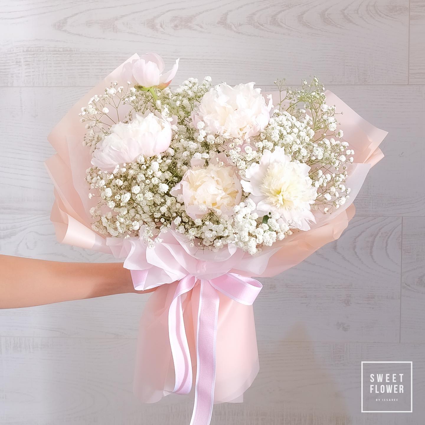 ช่อ พาสเทล หวาน ดอกไม้หลัก พีโอนี่ เบบี้บรีธ/ยิปโซ — ผลงานร้านดอกไม้ Sweetflower by Issaree