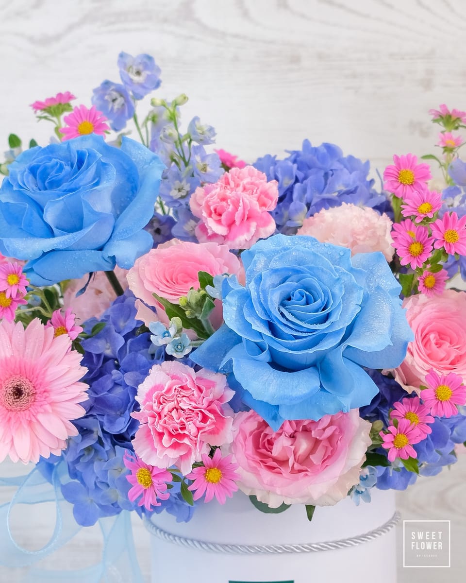 กล่อง ชมพู ฟ้า หวาน ดอกไม้หลัก กุหลาบ ไฮเดรนเยีย เยอบีร่า — ผลงานร้านดอกไม้ Sweetflower by Issaree